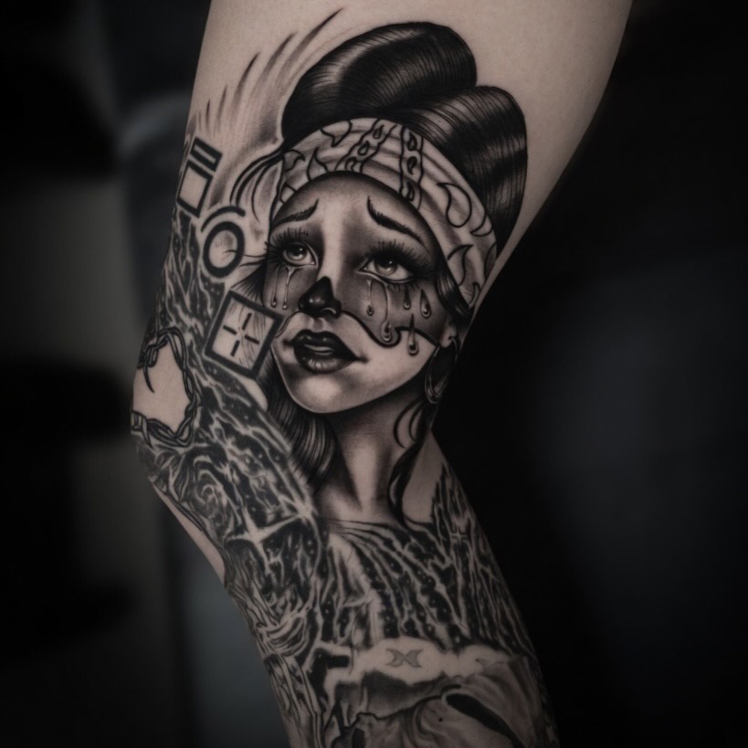Black-and-grey Chica tattoo by Lucas Macauley